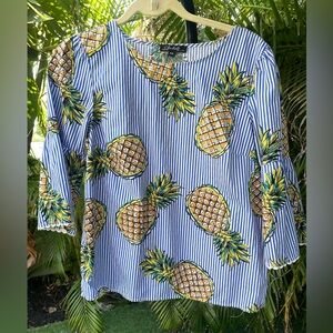 CHARLIE B Bell 3/4 Sleeve Pineapple Top Shirt with Blue & White Stripes